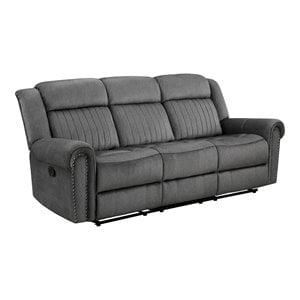 Pemberly Row 19.5&quot Fabric Double Reclining Sofa with Nailhead Trim in Charcoal