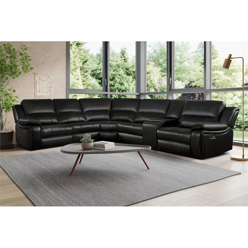 Pemberly Row 6-Piece Faux Leather Power Reclining Sectional in Dark Brown