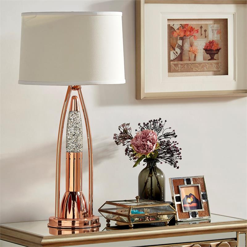 Pemberly Row Metal and Glass Table Lamp with Fabric Shade in Satin Copper