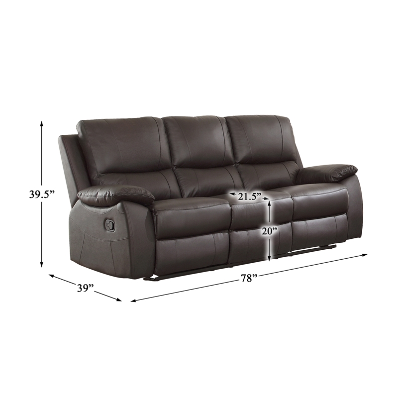 Pemberly Row Faux Leather Double Reclining Sofa with Pillow-Top Arms in Brown