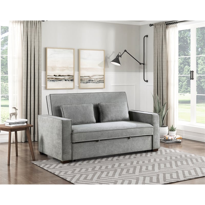 Pemberly Row Fabric Upholstered Convertible Sofa with Pull-Out Bed in Gray