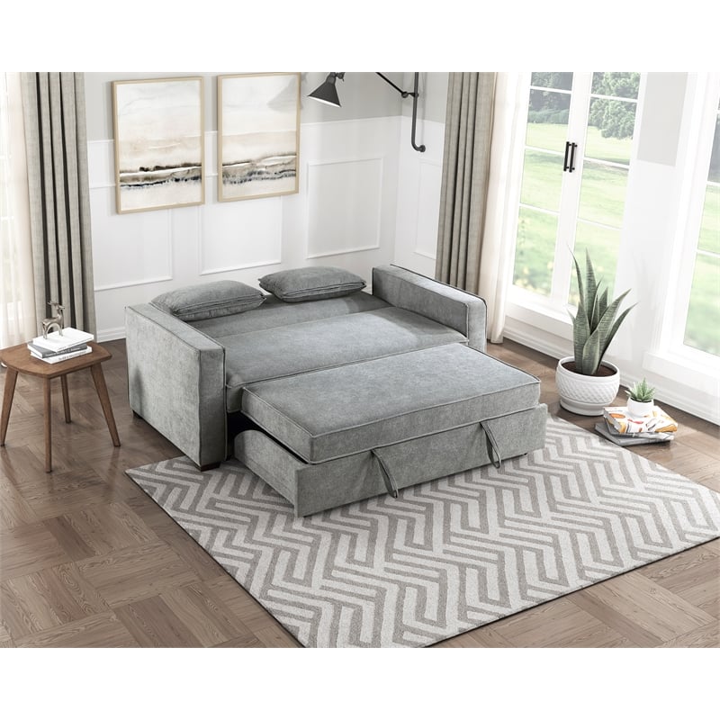 Pemberly Row Fabric Upholstered Convertible Sofa with Pull-Out Bed in Gray