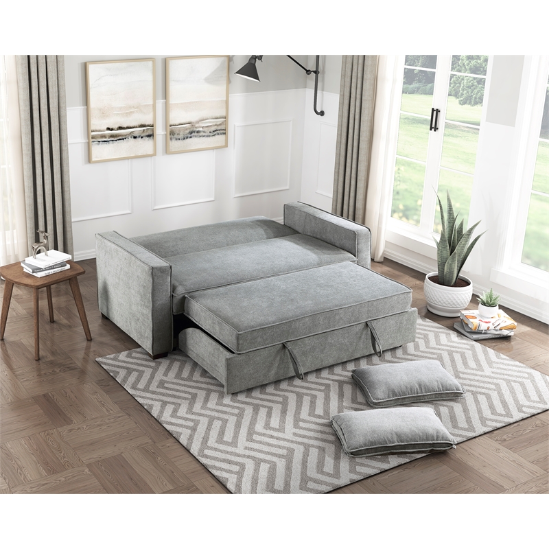 Pemberly Row Fabric Upholstered Convertible Sofa with Pull-Out Bed in Gray