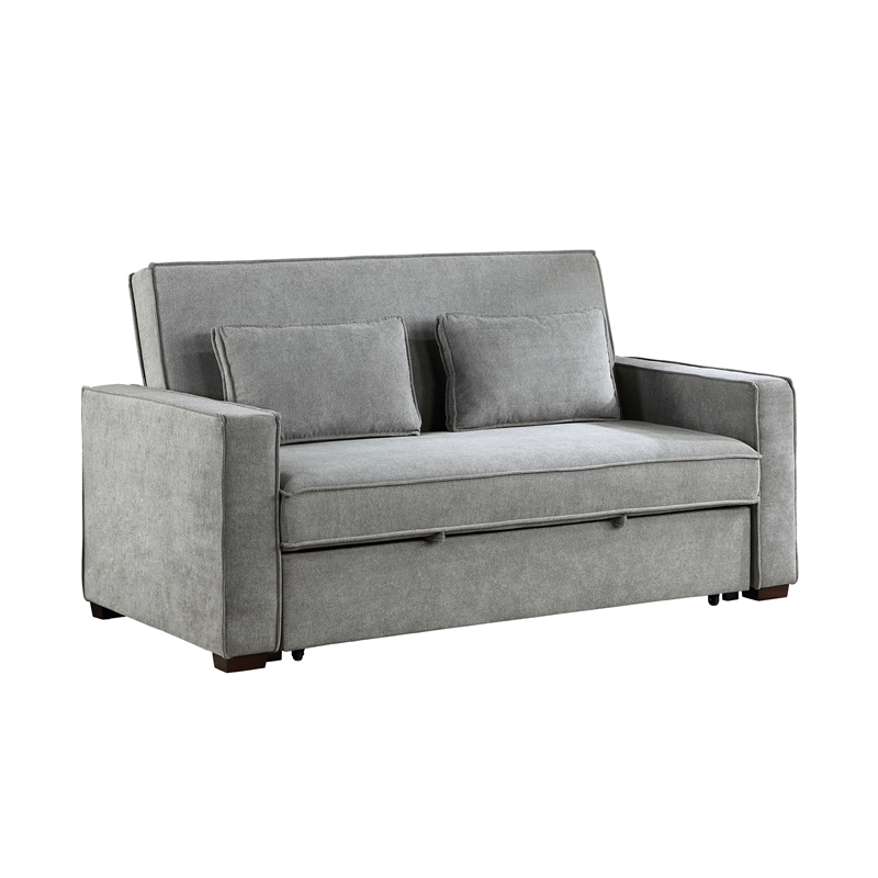 Pemberly Row Fabric Upholstered Convertible Sofa with Pull-Out Bed in Gray