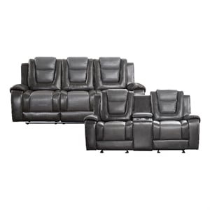 Pemberly Row Faux Leather 2-Piece Manual Reclining Sofa Set with Console in Gray