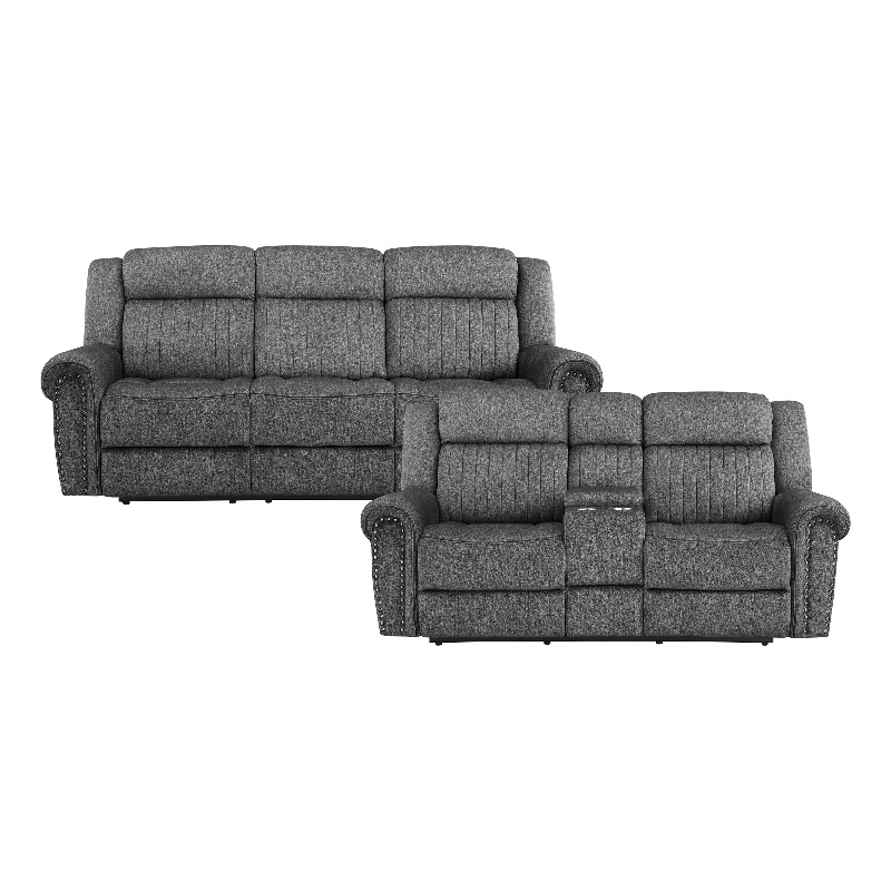 Pemberly Row 2-Piece Power Reclining Sofa Set with Nailhead Trim in Charcoal