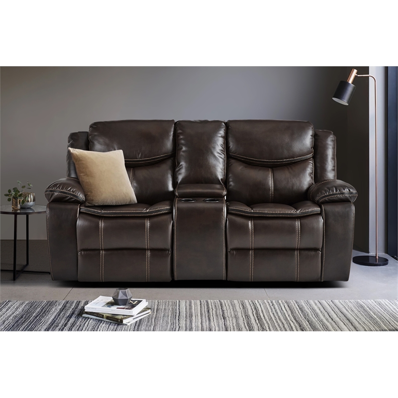 Pemberly Row Faux Leather 2-Piece Manual Reclining Sofa Set with Console - Brown