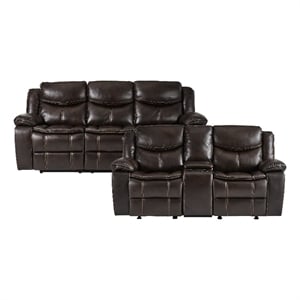 Pemberly Row Faux Leather 2-Piece Manual Reclining Sofa Set with Console - Brown