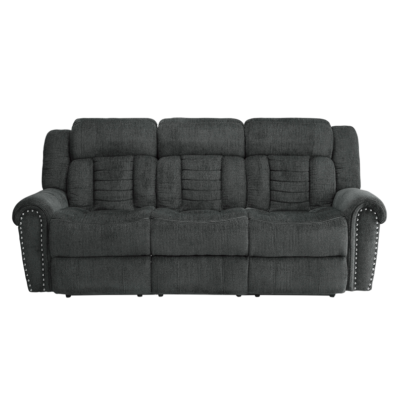 Pemberly Row Chenille Double Reclining Sofa with Nailhead Trim in Charcoal Gray