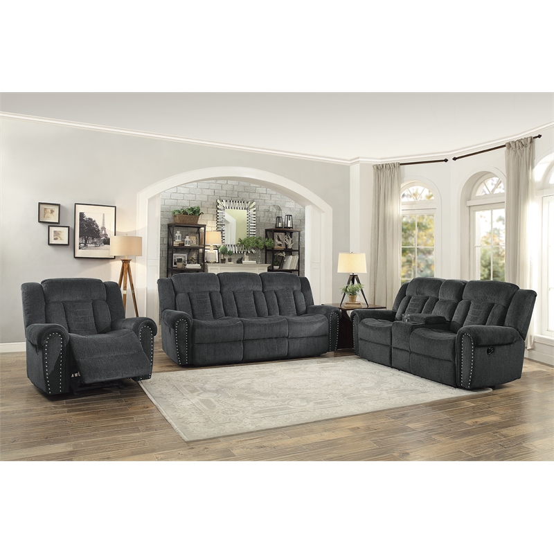 Pemberly Row Chenille Double Reclining Sofa with Nailhead Trim in Charcoal Gray