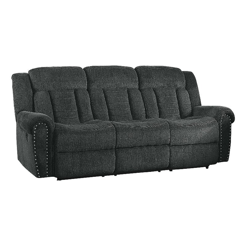 Pemberly Row Chenille Double Reclining Sofa with Nailhead Trim in Charcoal Gray