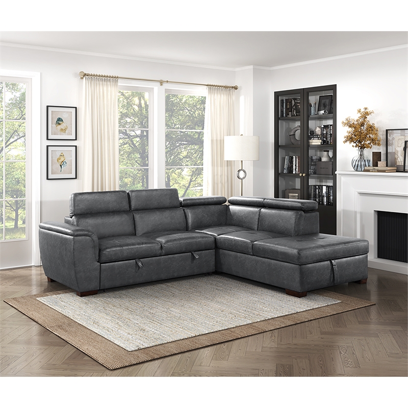 Pemberly Row 2-Piece Faux Leather Sectional with Pull-Out Bed & Storage in Gray