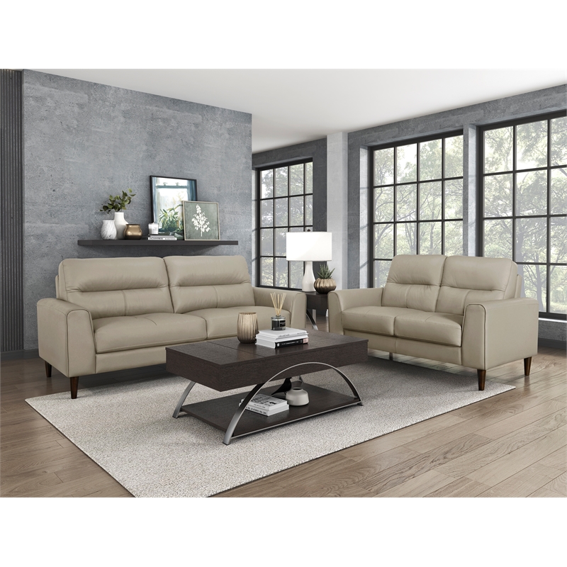 Pemberly Row Top Grain Leather Match Sofa with Wood Legs in Latte