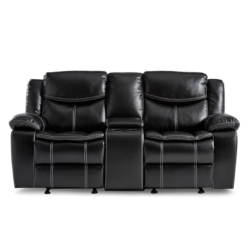 Pemberly Row Faux Leather 2-Piece Manual Reclining Sofa Set with Console - Black