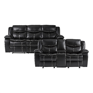 Pemberly Row Faux Leather 2-Piece Manual Reclining Sofa Set with Console - Black