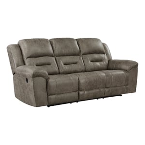 Pemberly Row Polished Microfiber Double Reclining Sofa 300 lbs Capacity in Brown