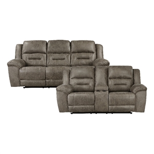 Pemberly Row Polished Microfiber 2-Piece Manual Reclining Sofa Set in Brown