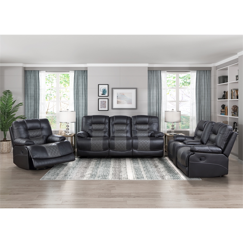 Pemberly Row Faux Leather Double Reclining Sofa with USB in 2-Tone Gray