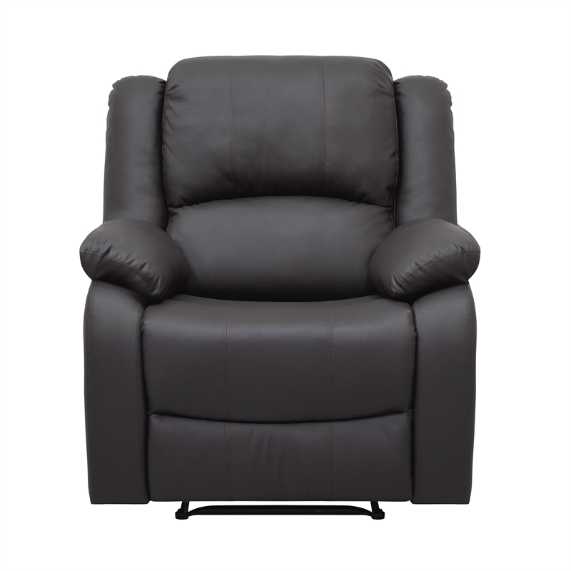 Pemberly Row Faux Leather Manual Recliner with Pillowtop Arms in Dark Brown