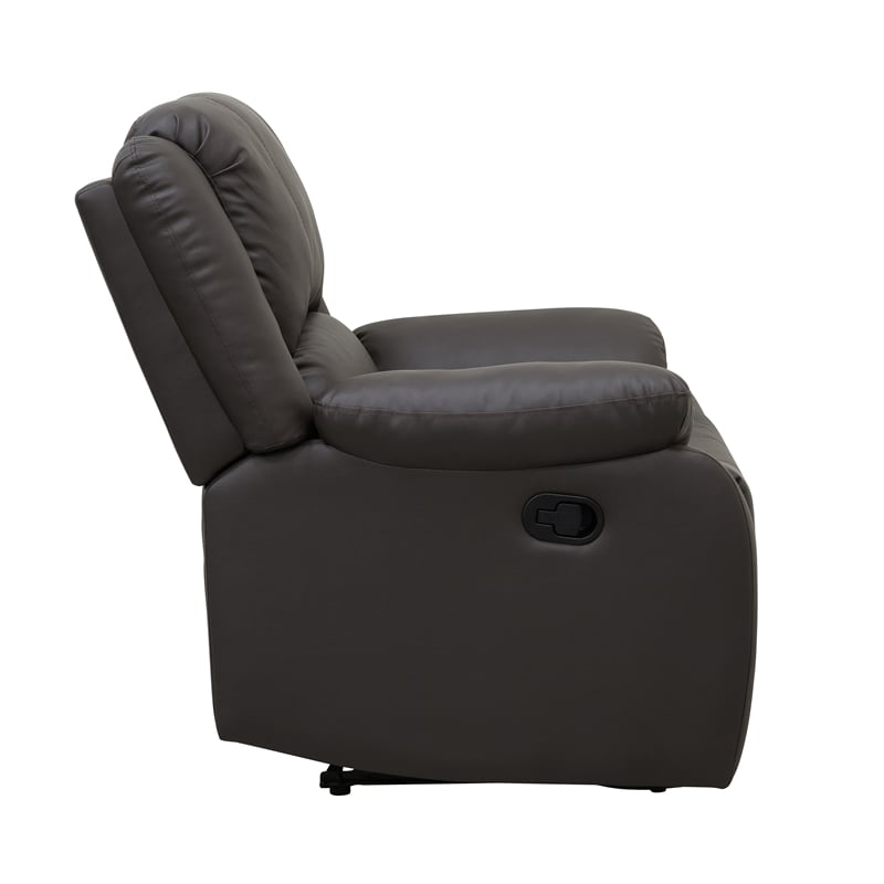 Pemberly Row Faux Leather Manual Recliner with Pillowtop Arms in Dark Brown