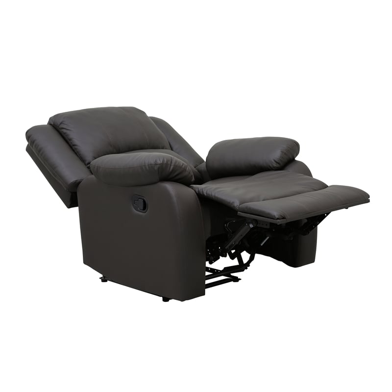 Pemberly Row Faux Leather Manual Recliner with Pillowtop Arms in Dark Brown