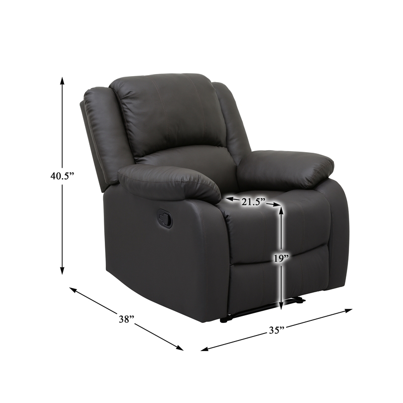 Pemberly Row Faux Leather Manual Recliner with Pillowtop Arms in Dark Brown