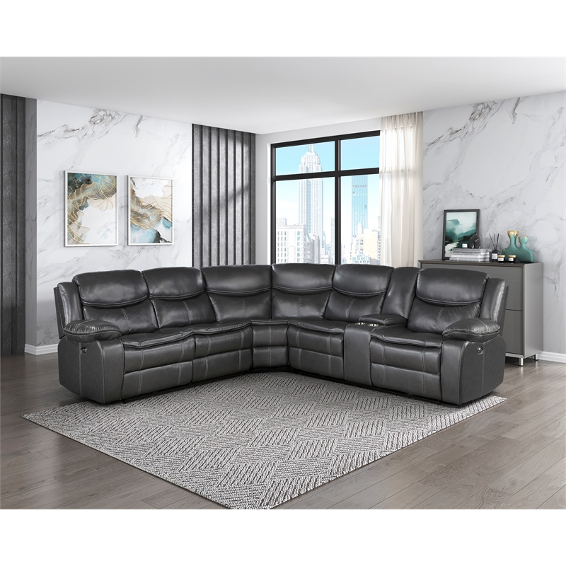 Pemberly Row 3-Piece Faux Leather Power Reclining Sectional in Dark Gray