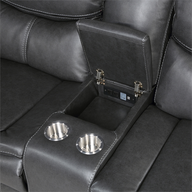 Pemberly Row 3-Piece Faux Leather Power Reclining Sectional in Dark Gray