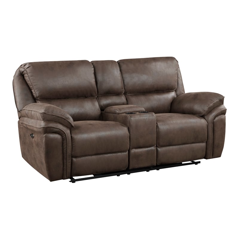 Pemberly Row Microfiber 2-Piece Power Reclining Sofa Set with USB in Brown