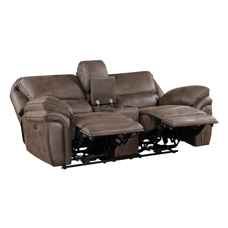 Pemberly Row Microfiber 2-Piece Power Reclining Sofa Set with USB in Brown