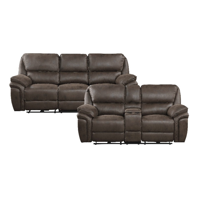 Pemberly Row Microfiber 2-Piece Power Reclining Sofa Set with USB in Brown