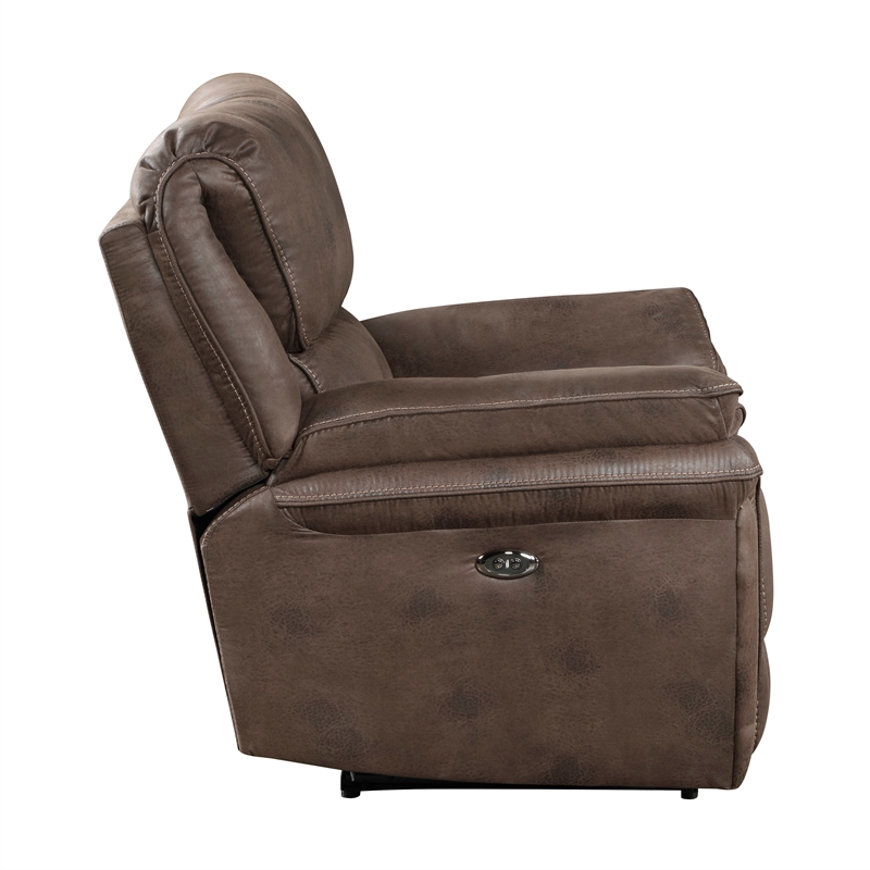 Pemberly Row Polished Microfiber Power Reclining Chair with USB Port in Brown