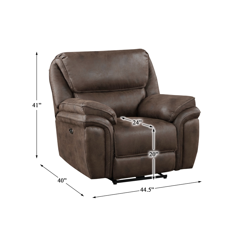 Pemberly Row Polished Microfiber Power Reclining Chair with USB Port in Brown