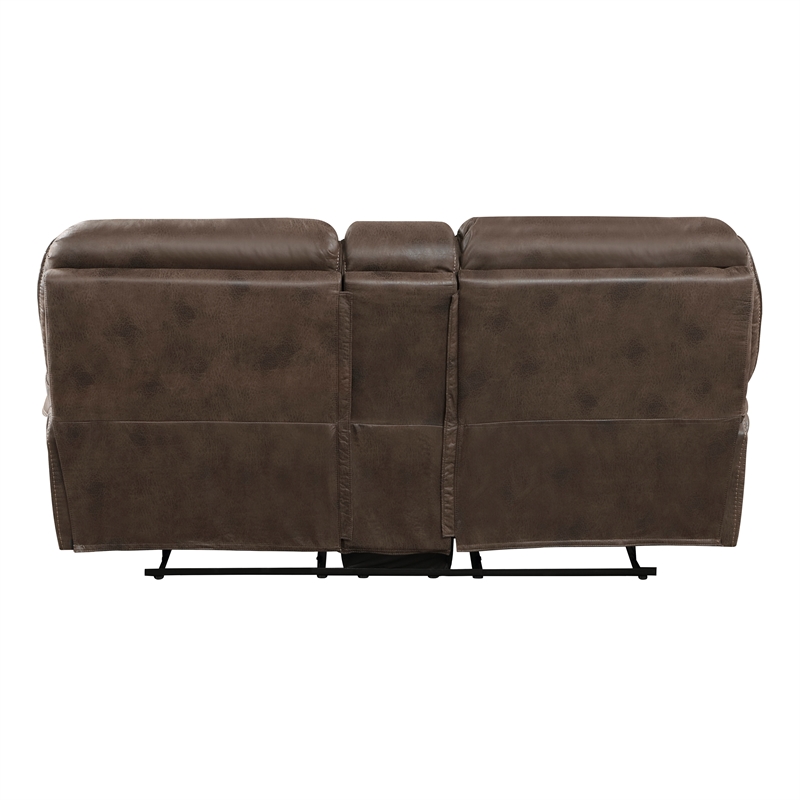 Pemberly Row Microfiber Double Reclining Love Seat with Console in Brown