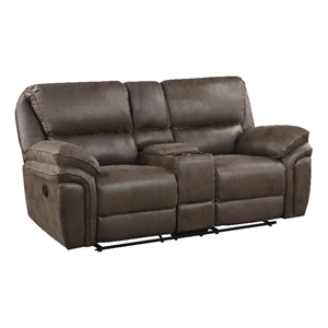 Pemberly Row Microfiber Double Reclining Love Seat with Console in Brown