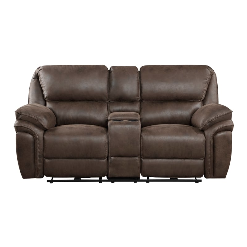 Pemberly Row Microfiber Power Double Reclining Love Seat with USB in Brown
