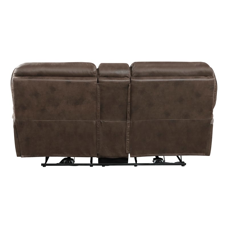 Pemberly Row Microfiber Power Double Reclining Love Seat with USB in Brown
