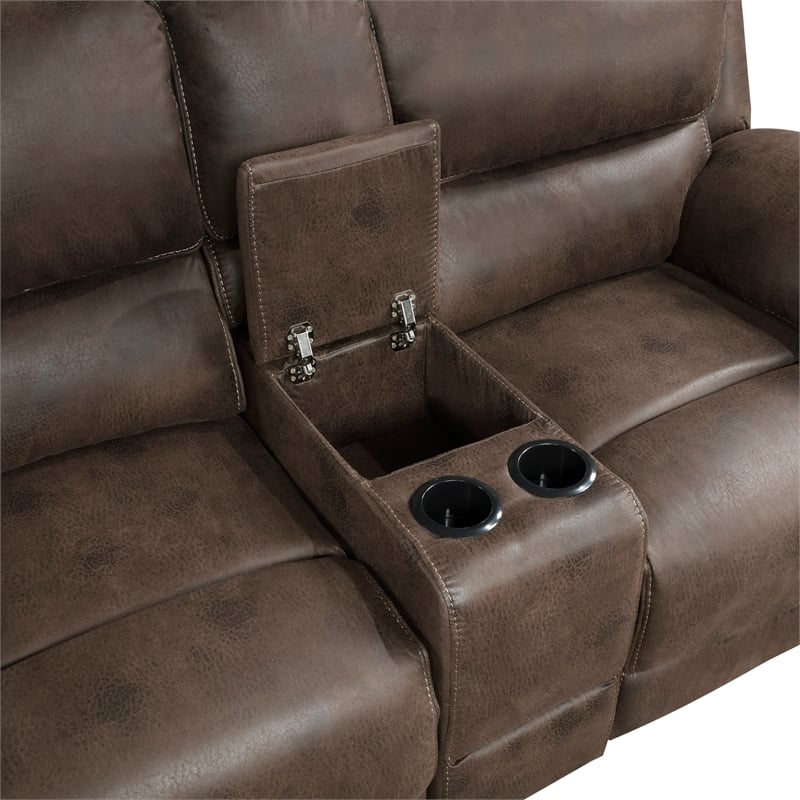 Pemberly Row Microfiber Power Double Reclining Love Seat with USB in Brown
