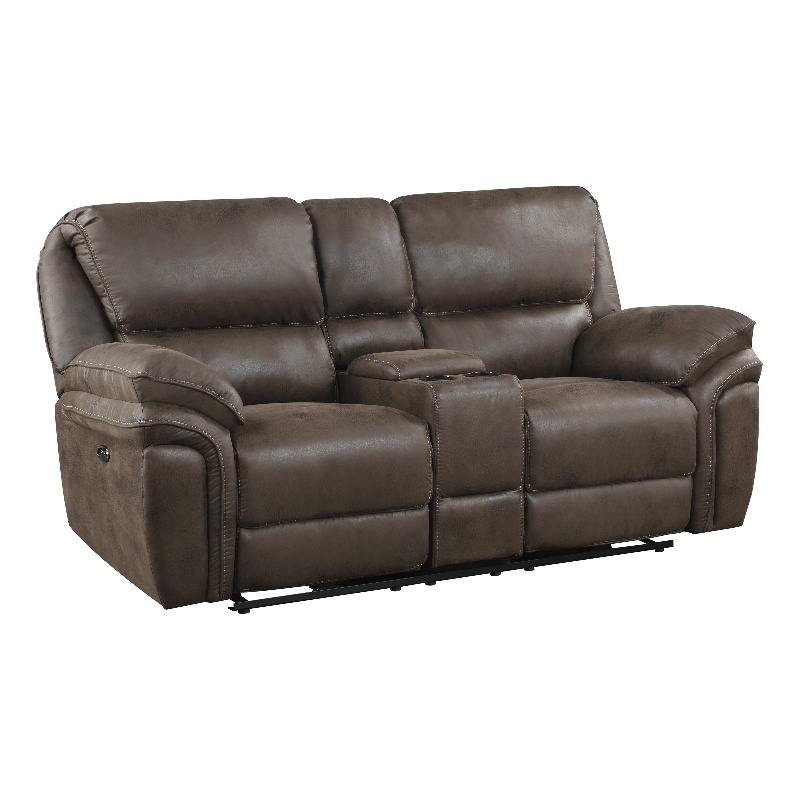 Pemberly Row Microfiber Power Double Reclining Love Seat with USB in Brown