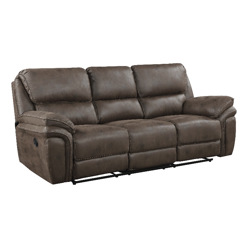 Pemberly Row Polished Microfiber Manual Double Reclining Sofa 300 lbs in Brown