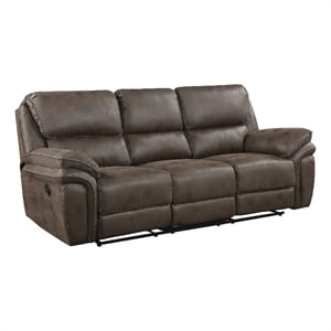 Pemberly Row Polished Microfiber Manual Double Reclining Sofa 300 lbs in Brown