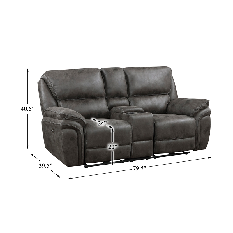 Pemberly Row Microfiber Power Double Reclining Love Seat with USB in Gray