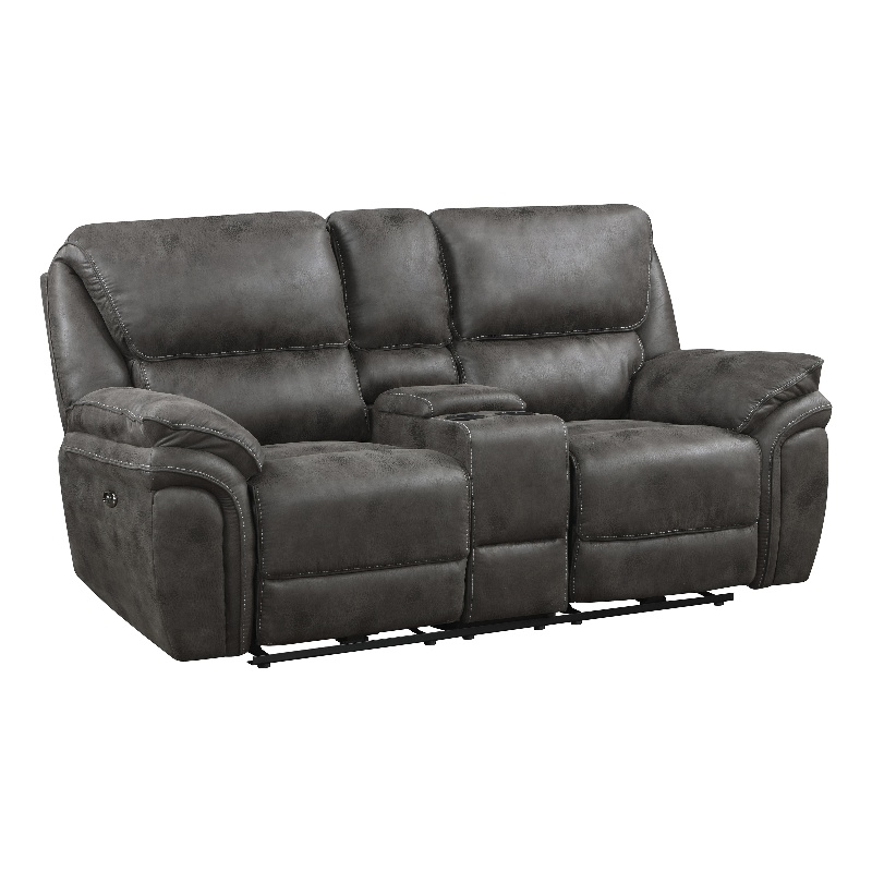Pemberly Row Microfiber Power Double Reclining Love Seat with USB in Gray