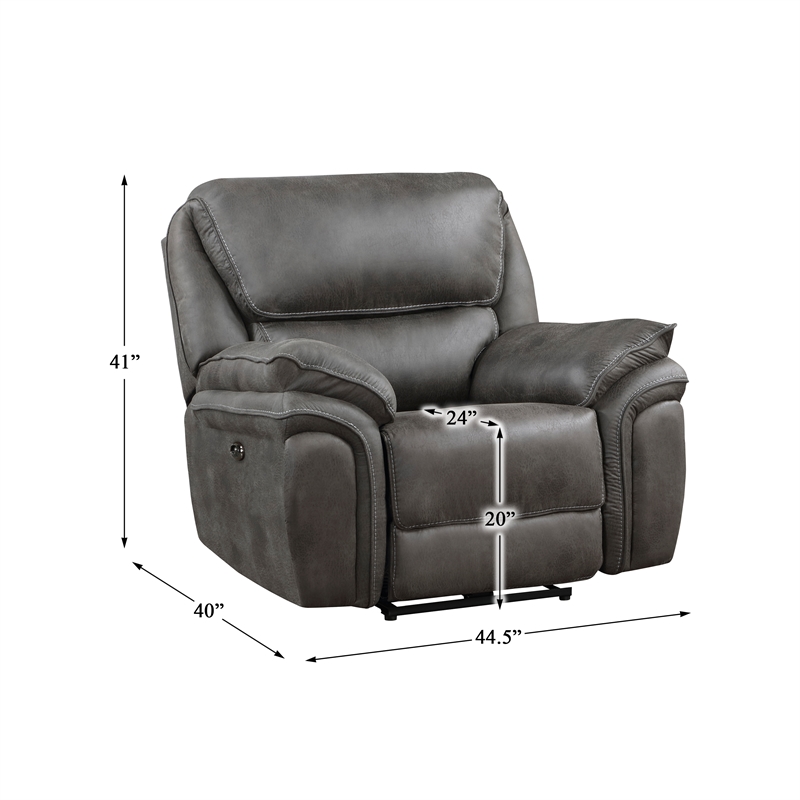 Pemberly Row Polished Microfiber Power Reclining Chair with USB Port in Gray