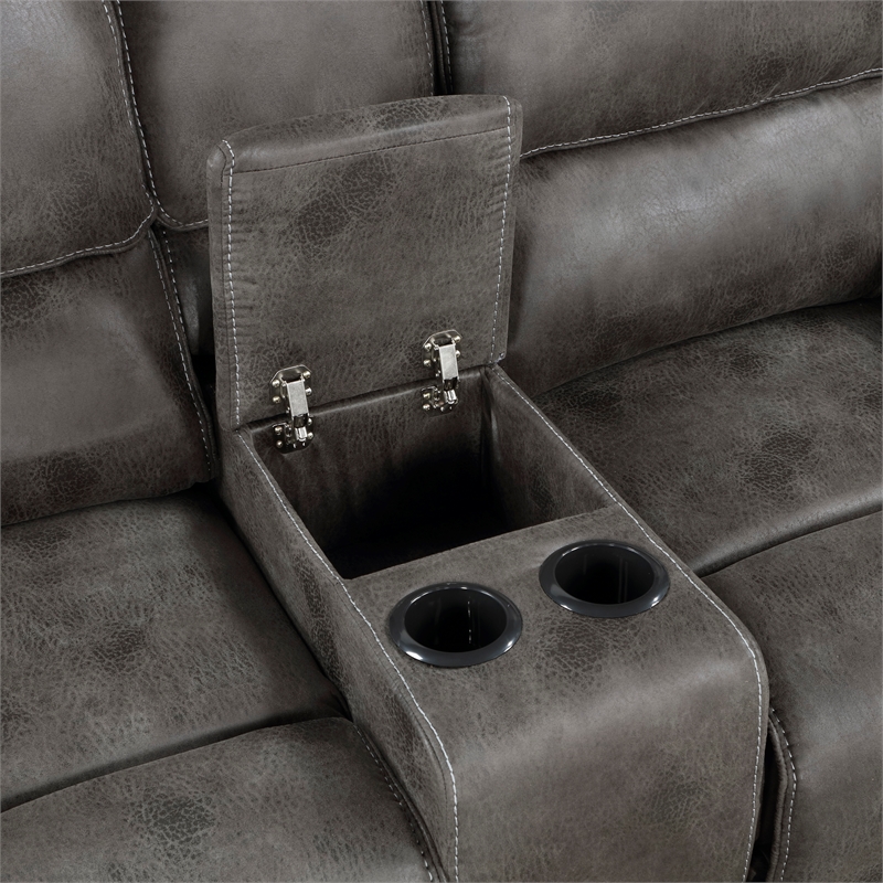Pemberly Row Polished Microfiber Double Reclining Love Seat with Console in Gray