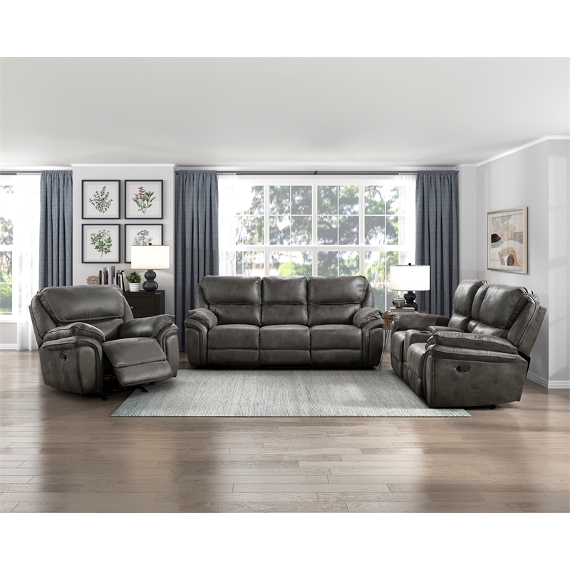 Pemberly Row Polished Microfiber Double Reclining Love Seat with Console in Gray