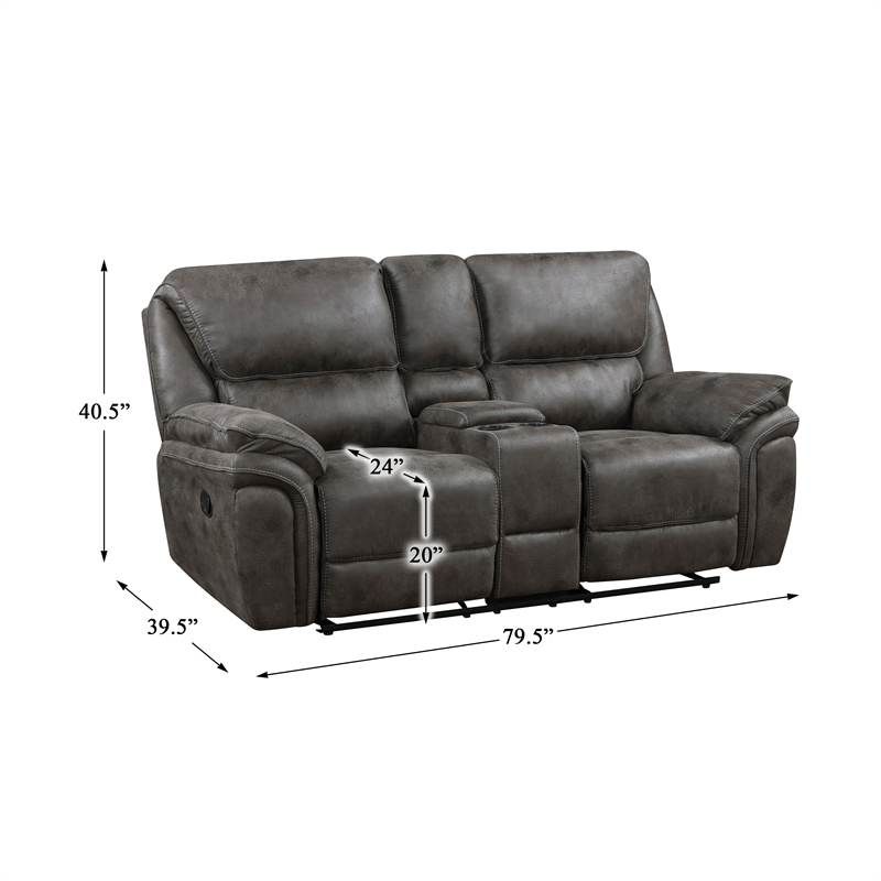 Pemberly Row Polished Microfiber Double Reclining Love Seat with Console in Gray