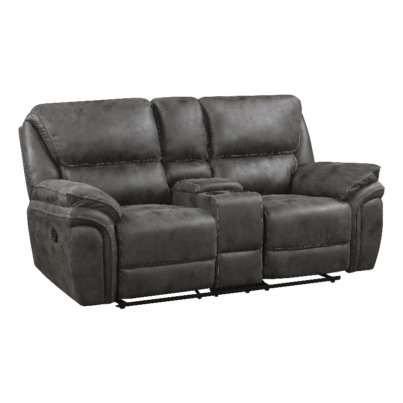 Pemberly Row Polished Microfiber Double Reclining Love Seat with Console in Gray