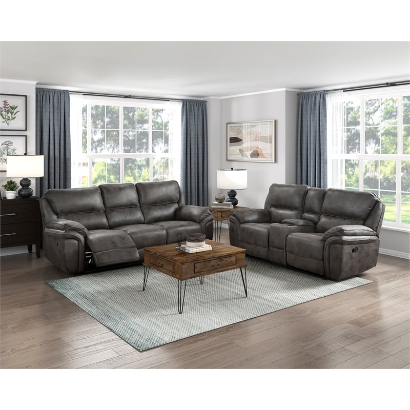 Pemberly Row Polished Microfiber Manual Double Reclining Sofa 300 lbs in Gray