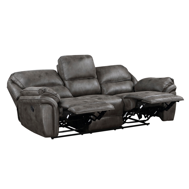 Pemberly Row Polished Microfiber Manual Double Reclining Sofa 300 lbs in Gray
